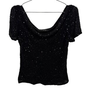 Vintage Jkara Black Sequins Cowl Neck Short Sleeve Top Blouse Size Large Glam